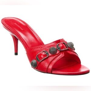 Balenciaga Cagole Buckle Stud High Heel Mule Sandals Tomato Red Size EU 35